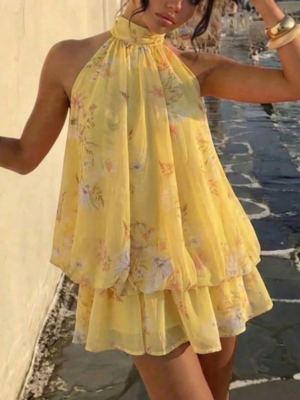 Multicolor Casual Women's Elegant Halter Neck Tie Mini Dress